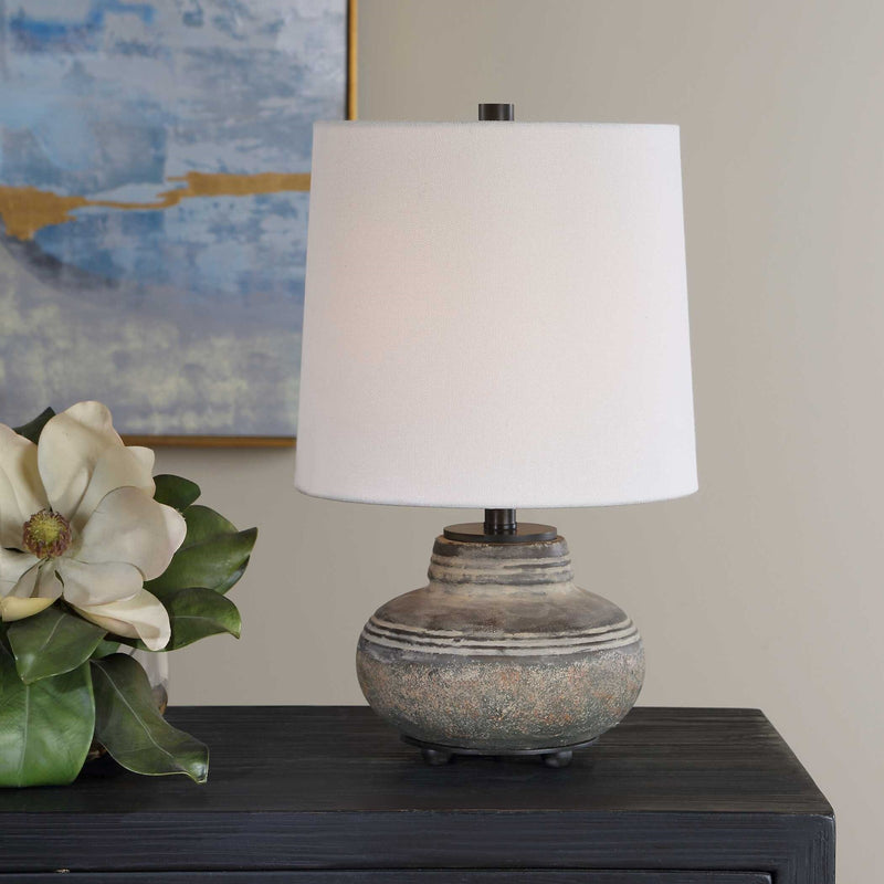 Uttermost Wester 18.25in Table Lamp | Distressed Gray Ceramic and Antique Brass | Living Room & Bedside | 11 x 11 x 18.25 in | Model 30765-1