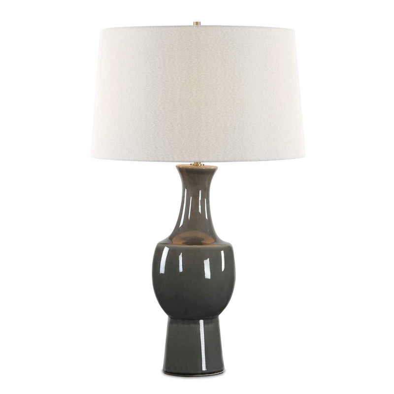 Uttermost Tennille 19in 1-Light Table Lamp | Warm Gray Ceramic and Antique Brass | Living Room & Bedroom | 19 x 19 x 31 in | Model 30771