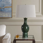 Uttermost Tennille 19in 1-Light Table Lamp | Deep Green Ceramic and Antique Brass | Living Room & Bedroom | 19 x 19 x 31 in | Model 30772