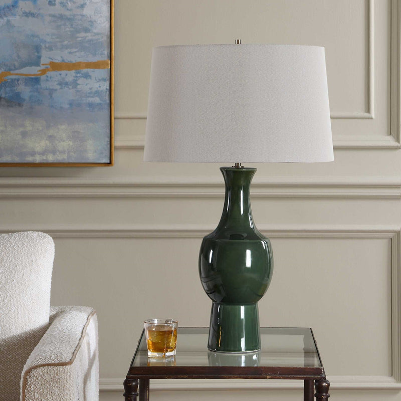 Uttermost Tennille 19in 1-Light Table Lamp | Deep Green Ceramic and Antique Brass | Living Room & Bedroom | 19 x 19 x 31 in | Model 30772