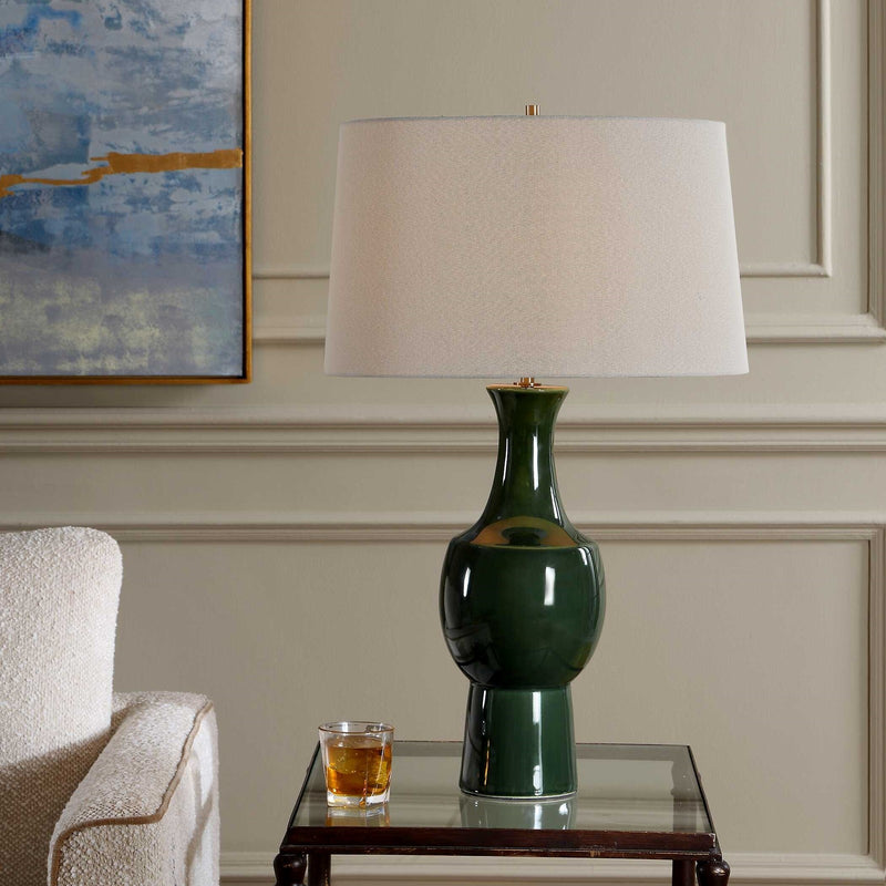 Uttermost Tennille 19in 1-Light Table Lamp | Deep Green Ceramic and Antique Brass | Living Room & Bedroom | 19 x 19 x 31 in | Model 30772