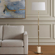 Uttermost Halen 64.25in 1-Light Floor Lamp | Antique Brass and Travertine with White Linen Shade | Living Room & Reading Nook | Model 30841