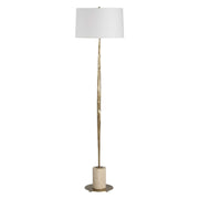Uttermost Halen 64.25in 1-Light Floor Lamp | Antique Brass and Travertine with White Linen Shade | Living Room & Reading Nook | Model 30841