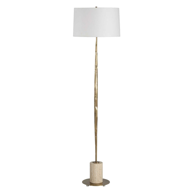 Uttermost Halen 64.25in 1-Light Floor Lamp | Antique Brass and Travertine with White Linen Shade | Living Room & Reading Nook | Model 30841