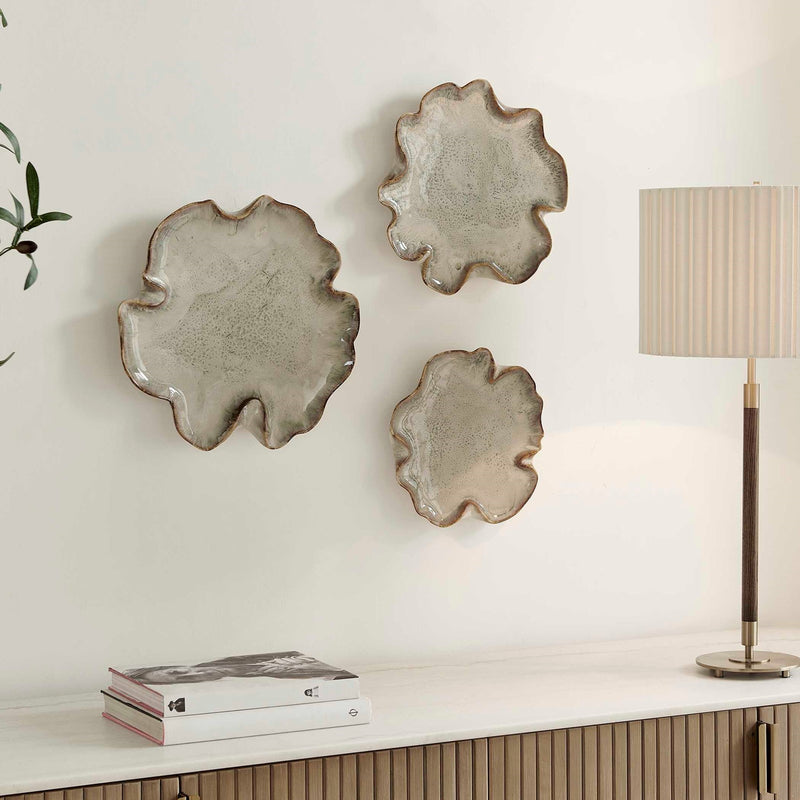 Uttermost Selene 16.1in Gray Earthenware Wall Decor S/3 | Mottled Glaze with Caramel Edging | Living Room & Entryway Accent | Model 3513