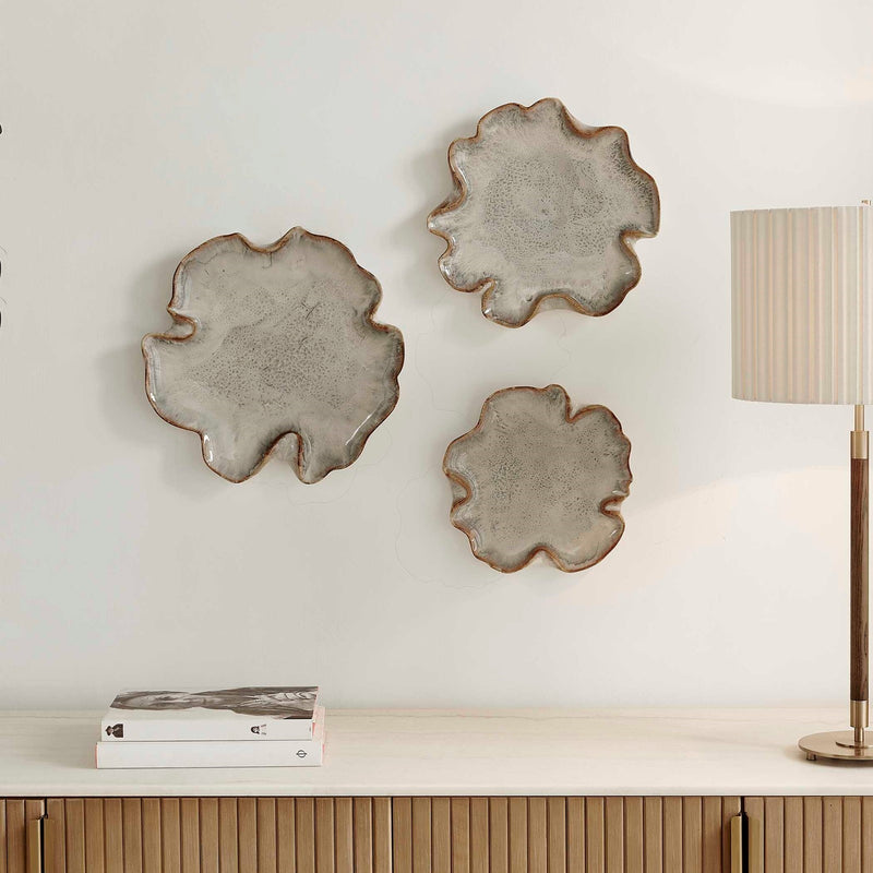 Uttermost Selene 16.1in Gray Earthenware Wall Decor S/3 | Mottled Glaze with Caramel Edging | Living Room & Entryway Accent | Model 3513