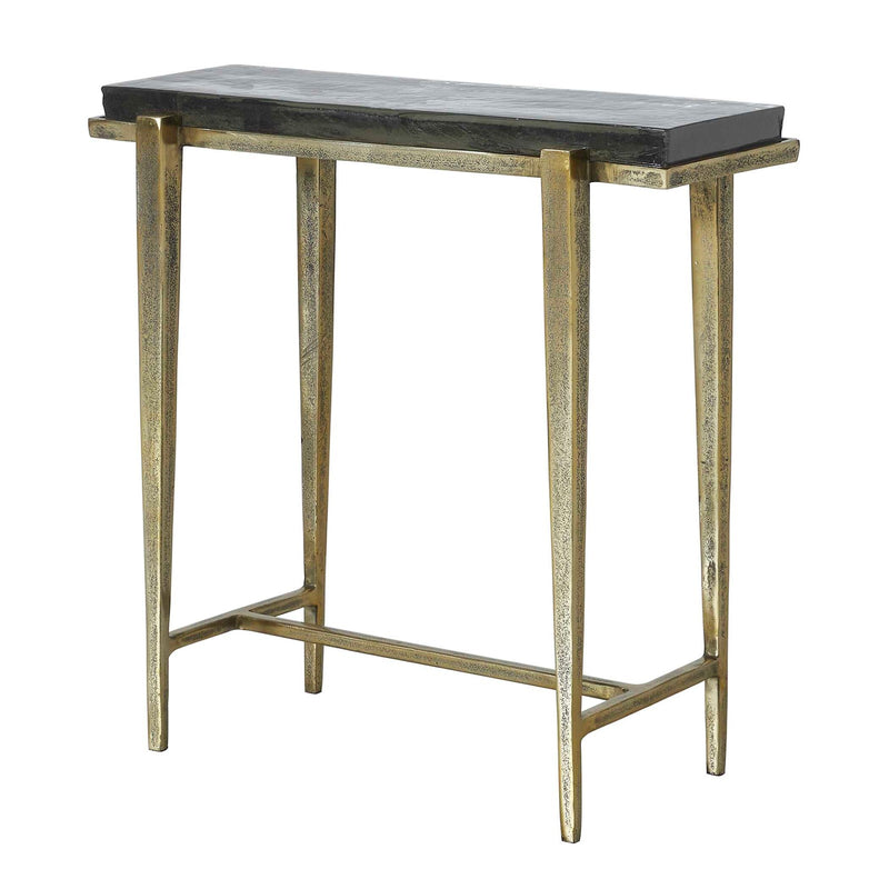 Uttermost Preston 24.8in Rectangular Accent Table | Antiqued Brass Aluminum Frame with Cast Glass Top | Living Room & Entryway | Model 50581