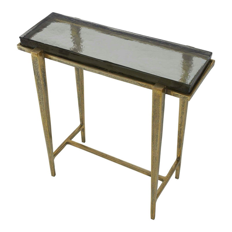 Uttermost Preston 24.8in Rectangular Accent Table | Antiqued Brass Aluminum Frame with Cast Glass Top | Living Room & Entryway | Model 50581