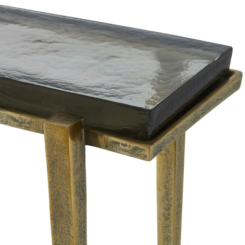 Uttermost Preston 24.8in Rectangular Accent Table | Antiqued Brass Aluminum Frame with Cast Glass Top | Living Room & Entryway | Model 50581