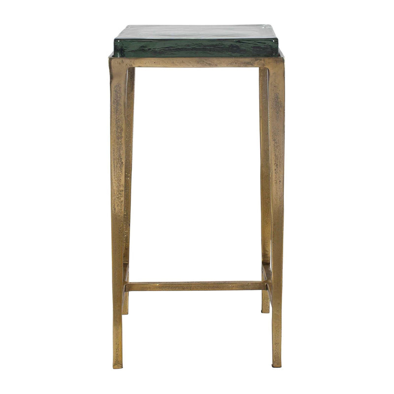 Uttermost Preston 12.2in Square Accent Table | Antiqued Brass Aluminum Frame with Cast Glass Top | Living Room & Bedroom | Model 50596