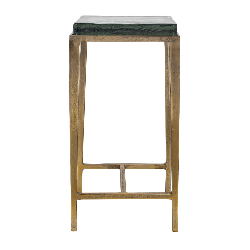 Uttermost Preston 12.2in Square Accent Table | Antiqued Brass Aluminum Frame with Cast Glass Top | Living Room & Bedroom | Model 50596