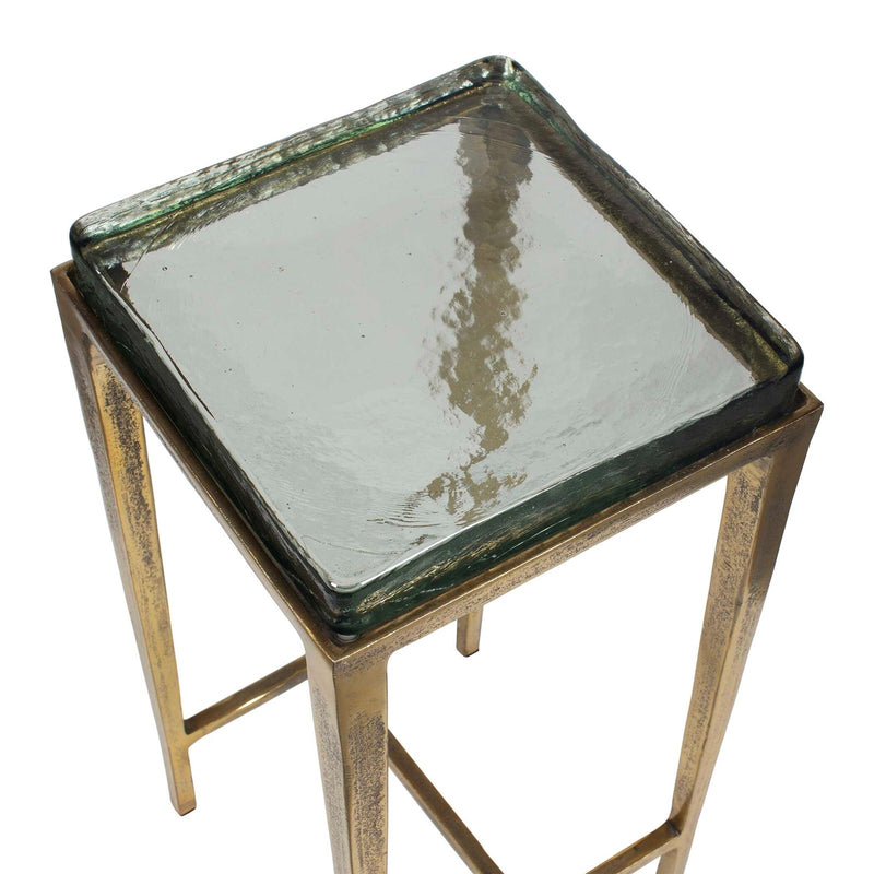 Uttermost Preston 12.2in Square Accent Table | Antiqued Brass Aluminum Frame with Cast Glass Top | Living Room & Bedroom | Model 50596