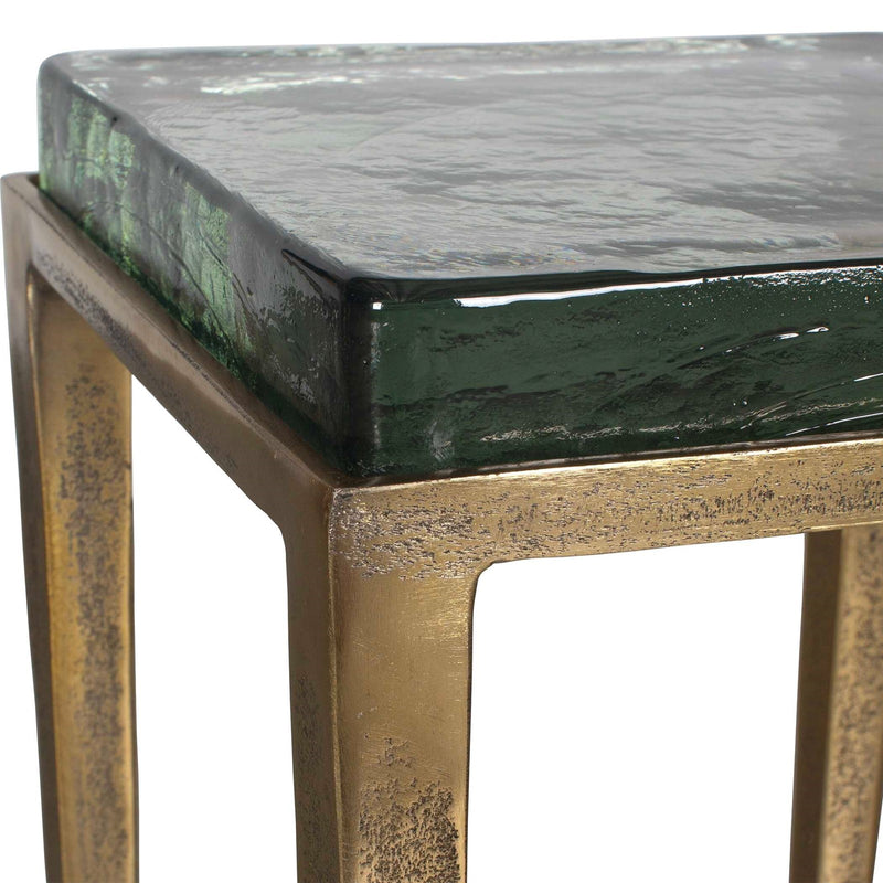 Uttermost Preston 12.2in Square Accent Table | Antiqued Brass Aluminum Frame with Cast Glass Top | Living Room & Bedroom | Model 50596
