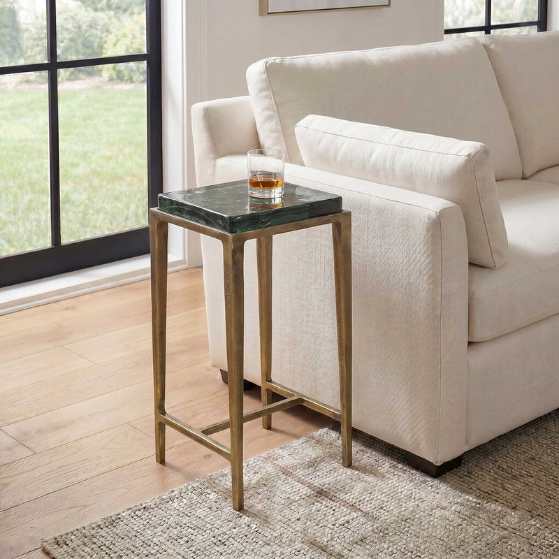 Uttermost Preston 12.2in Square Accent Table | Antiqued Brass Aluminum Frame with Cast Glass Top | Living Room & Bedroom | Model 50596