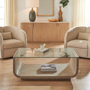 Uttermost Maeva Modern Glass Coffee Table | Ash Burl & Oak Veneer Curved Base | Living Room & Lounge | 46 x 28 x 17 in | Model 51156