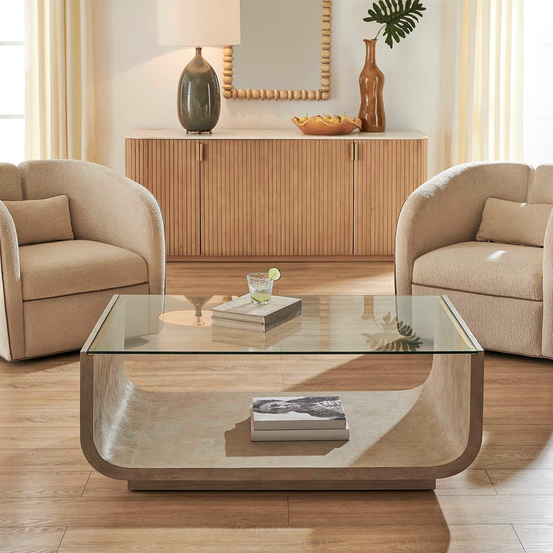 Uttermost Maeva Modern Glass Coffee Table | Ash Burl & Oak Veneer Curved Base | Living Room & Lounge | 46 x 28 x 17 in | Model 51156