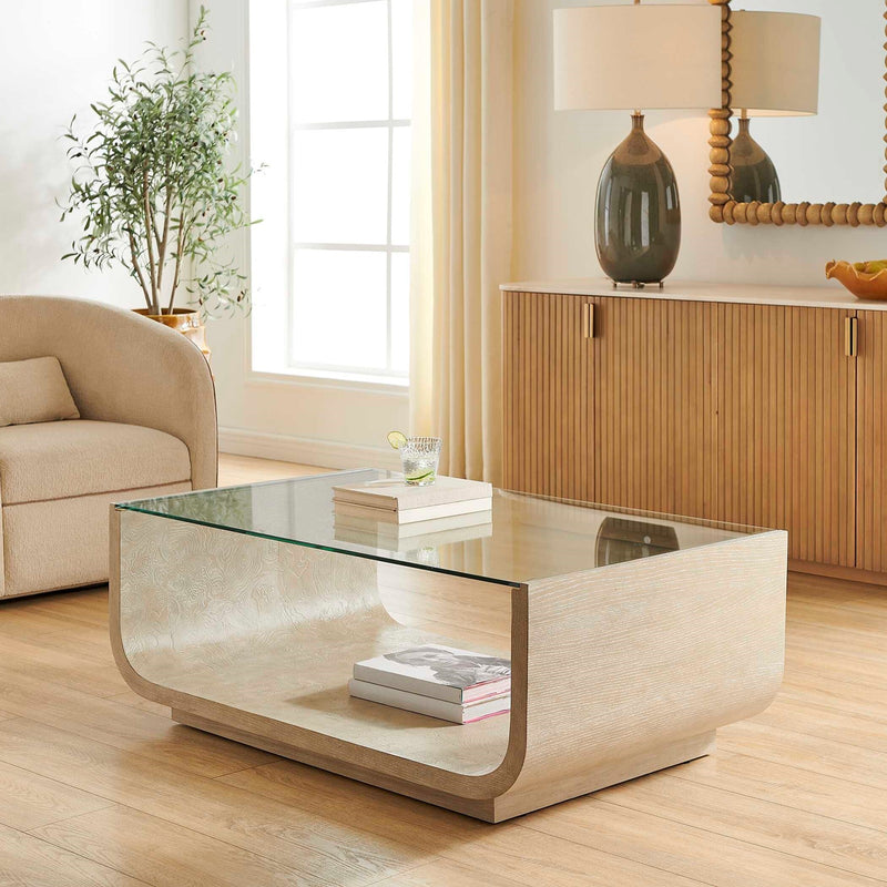 Uttermost Maeva Modern Glass Coffee Table | Ash Burl & Oak Veneer Curved Base | Living Room & Lounge | 46 x 28 x 17 in | Model 51156