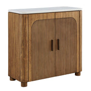 Uttermost Mebarak 32in Reeded 2 Door Cabinet | Honey Acacia & White Marble with Bronze Pulls | Living Room & Entryway Storage | Model 51159