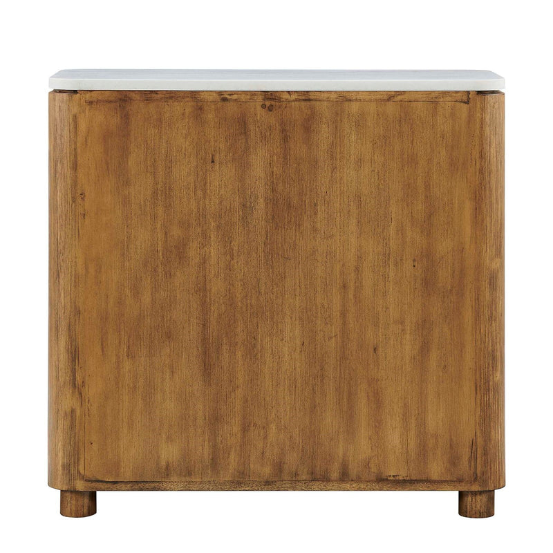 Uttermost Mebarak 32in Reeded 2 Door Cabinet | Honey Acacia & White Marble with Bronze Pulls | Living Room & Entryway Storage | Model 51159