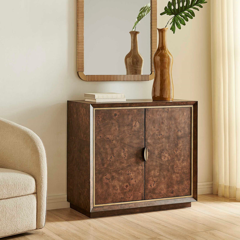 Uttermost Flores 36in 2-Door Cabinet | Mappa Burl Wood Walnut Finish with Brass Accents | Living Room & Entryway Storage | Model 51177