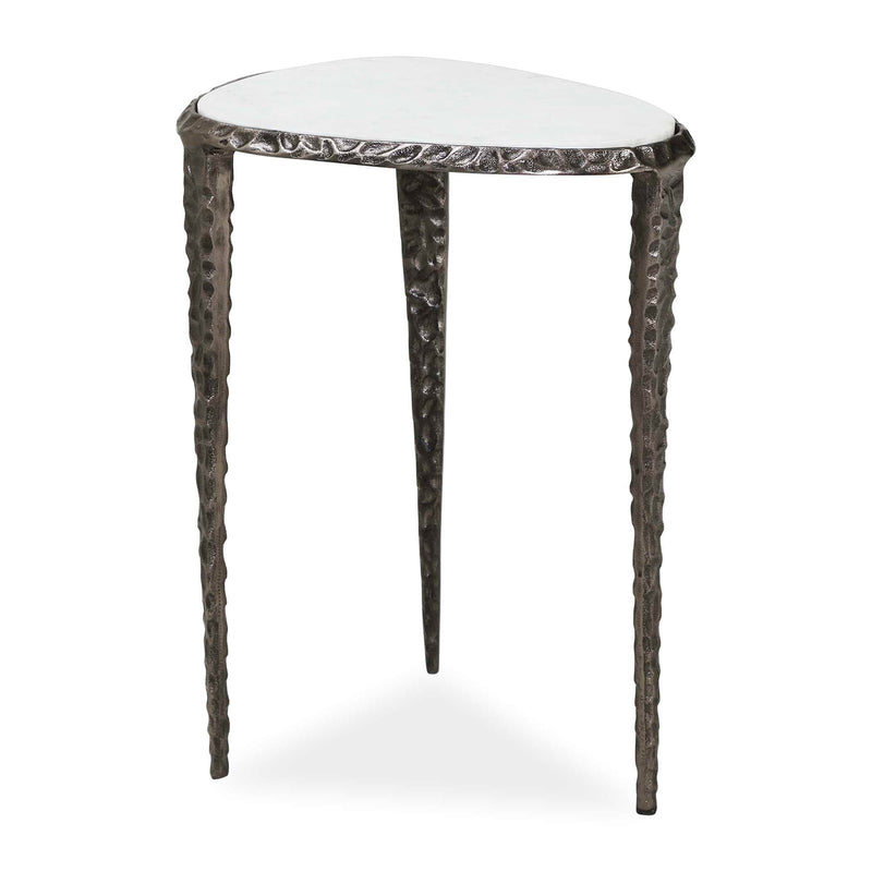 Uttermost Arnold 17.75in White Marble Accent Table | Cast Aluminum Hammered Dark Bronze Base | Living Room & Bedroom Side Table | Model 51178