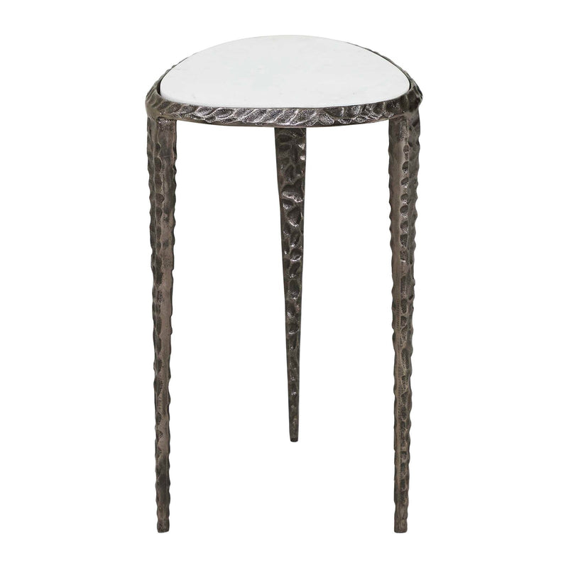 Uttermost Arnold 17.75in White Marble Accent Table | Cast Aluminum Hammered Dark Bronze Base | Living Room & Bedroom Side Table | Model 51178