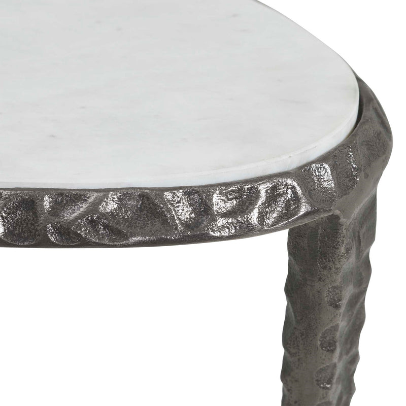 Uttermost Arnold 17.75in White Marble Accent Table | Cast Aluminum Hammered Dark Bronze Base | Living Room & Bedroom Side Table | Model 51178