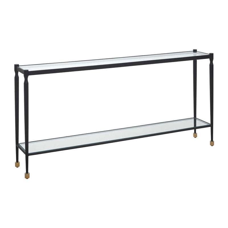Uttermost Javana 60in Console Table | Iron Frame with Brass Accents and Tempered Glass Shelves | Entryway & Living Room | Model 51202
