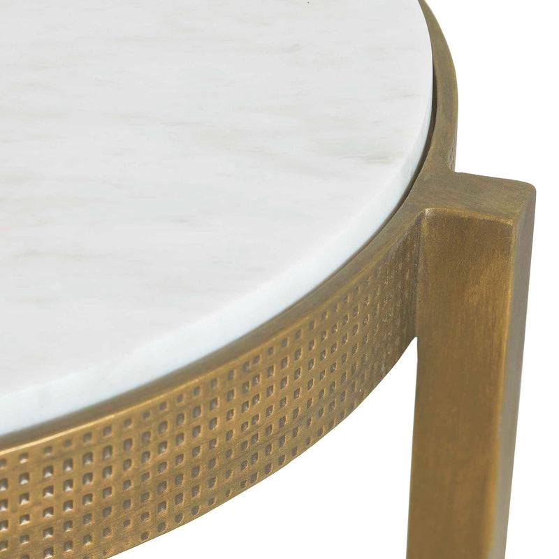Uttermost Ocilla 18.5in Round Accent Table | Antique Brass Cast Iron and White Marble | Living Room & Entryway Side Table | Model 51203
