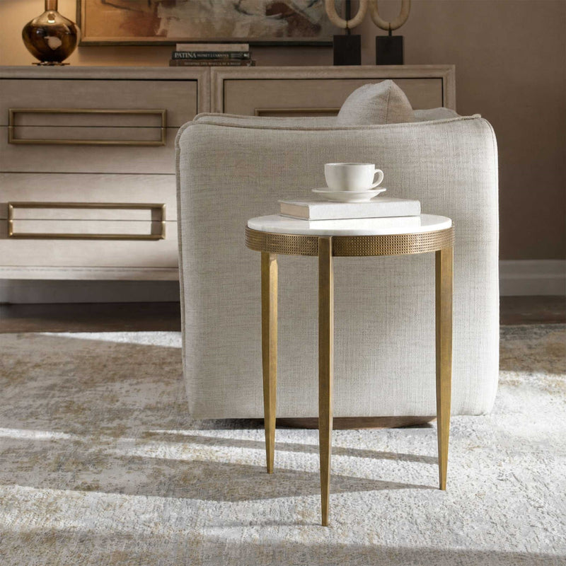 Uttermost Ocilla 18.5in Round Accent Table | Antique Brass Cast Iron and White Marble | Living Room & Entryway Side Table | Model 51203