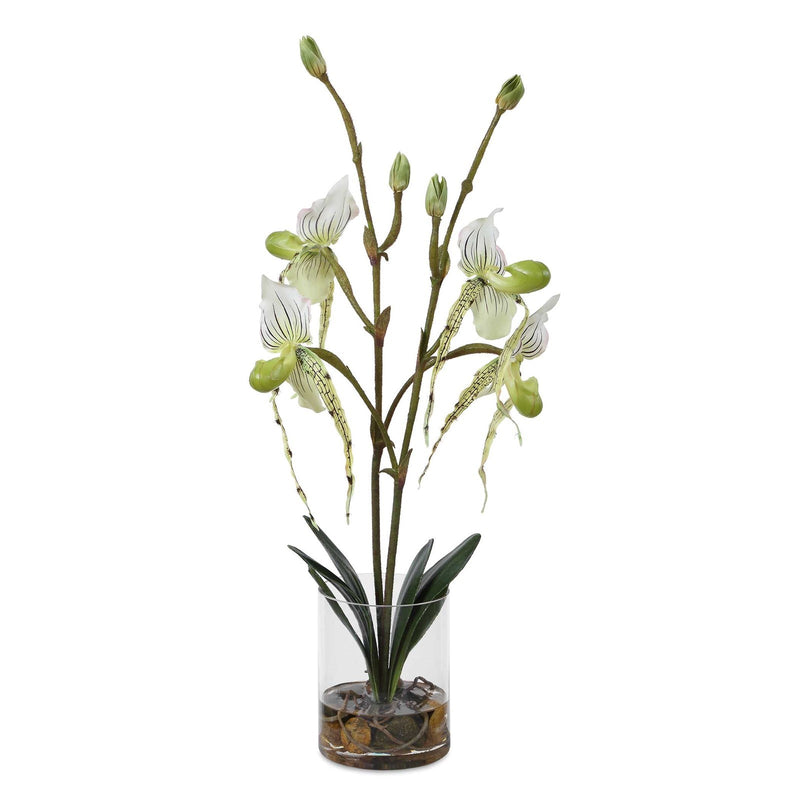 Uttermost Lady Slipper Orchid in Glass Vase | White Faux Orchid | Living Room & Office Decor | 12 x 10 x 27 in | Model 60276