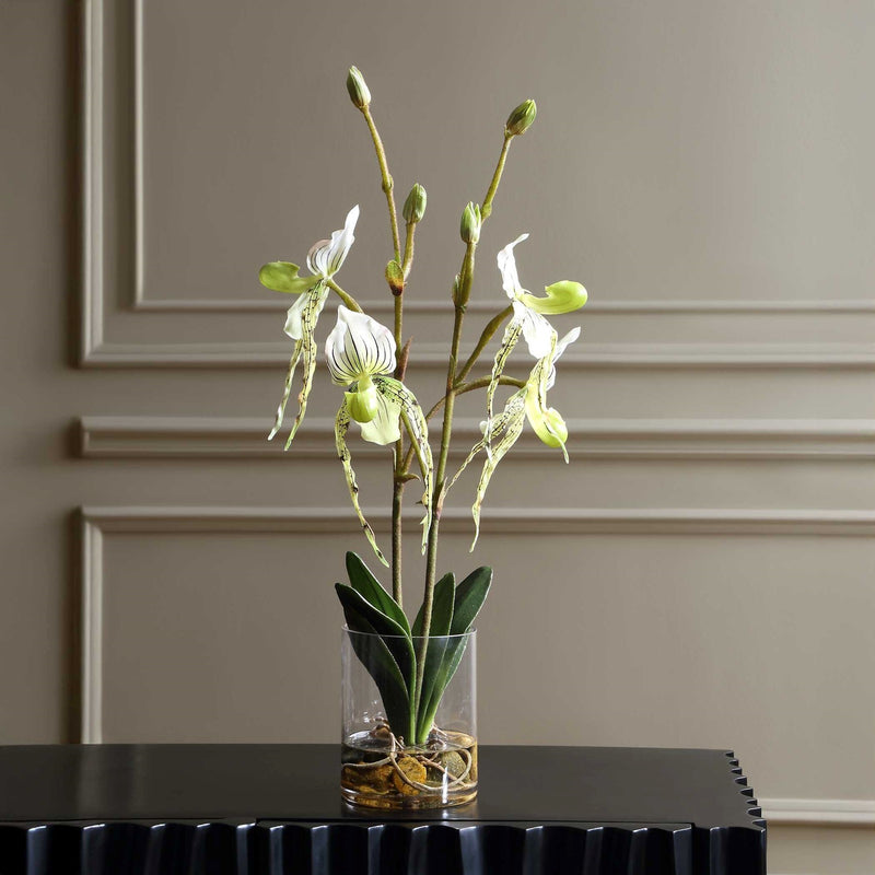 Uttermost Lady Slipper Orchid in Glass Vase | White Faux Orchid | Living Room & Office Decor | 12 x 10 x 27 in | Model 60276
