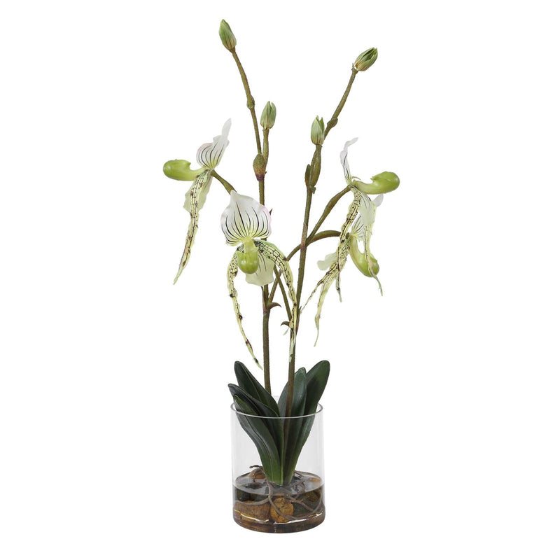 Uttermost Lady Slipper Orchid in Glass Vase | White Faux Orchid | Living Room & Office Decor | 12 x 10 x 27 in | Model 60276