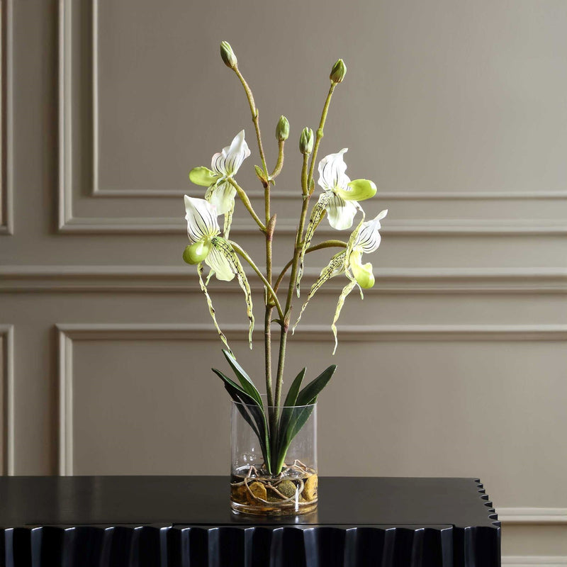 Uttermost Lady Slipper Orchid in Glass Vase | White Faux Orchid | Living Room & Office Decor | 12 x 10 x 27 in | Model 60276
