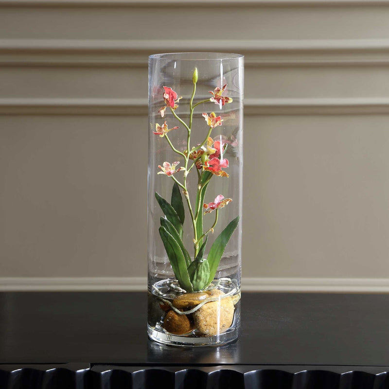 Uttermost Mariposa Pink Orchid | Soft Pink Blooms in Glass Vase with Faux Water & Stones | Tabletop Accent | 4.75 x 4.75 x 14.25 in | Model 60278
