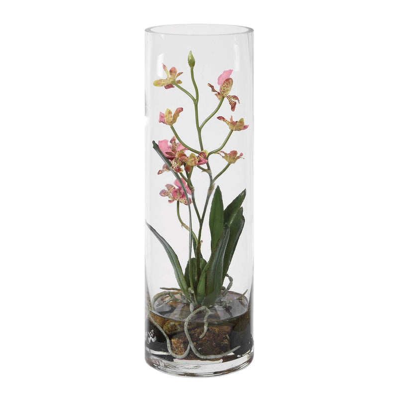 Uttermost Mariposa Pink Orchid | Soft Pink Blooms in Glass Vase with Faux Water & Stones | Tabletop Accent | 4.75 x 4.75 x 14.25 in | Model 60278