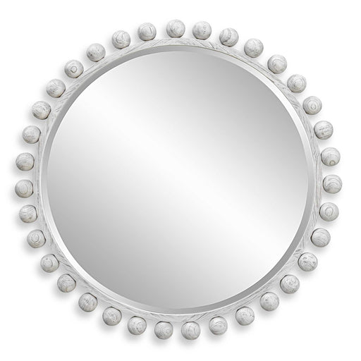Uttermost Cyra 44in Round Wood Mirror | Solid Mahogany Spheres in Aged Ivory | Entryway & Bedroom Accent | 44 x 2.5 x 44 in | Model 8175