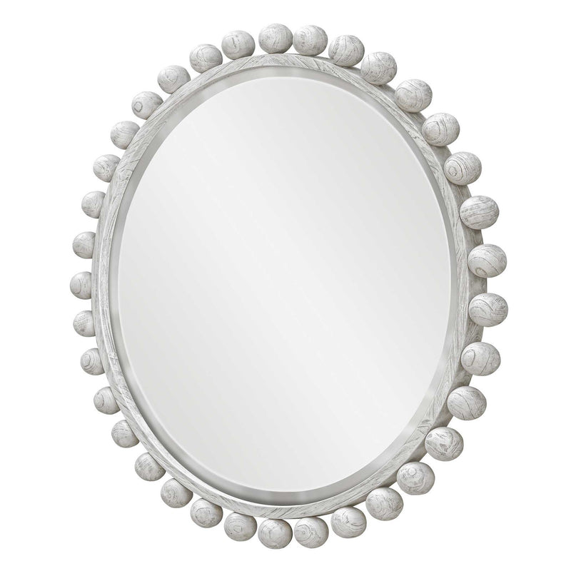 Uttermost Cyra 44in Round Wood Mirror | Solid Mahogany Spheres in Aged Ivory | Entryway & Bedroom Accent | 44 x 2.5 x 44 in | Model 8175