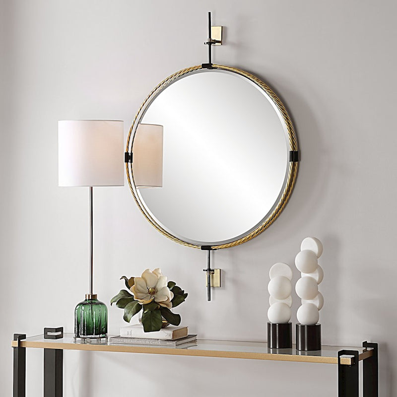 Uttermost Guardrail Round Mirror, Plated Antique Brass