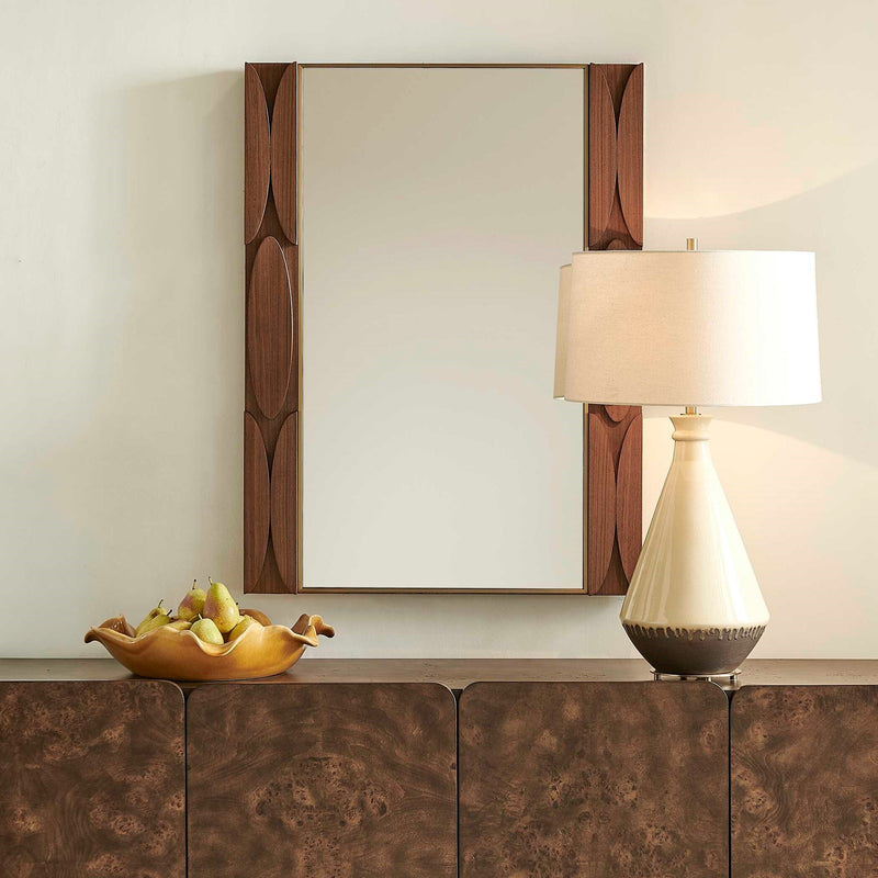 Uttermost Macario 30in Mid-Century Walnut Mirror | Walnut Veneer with Antique Gold Edge | Living Room & Bedroom Wall Mirror | Model 8397