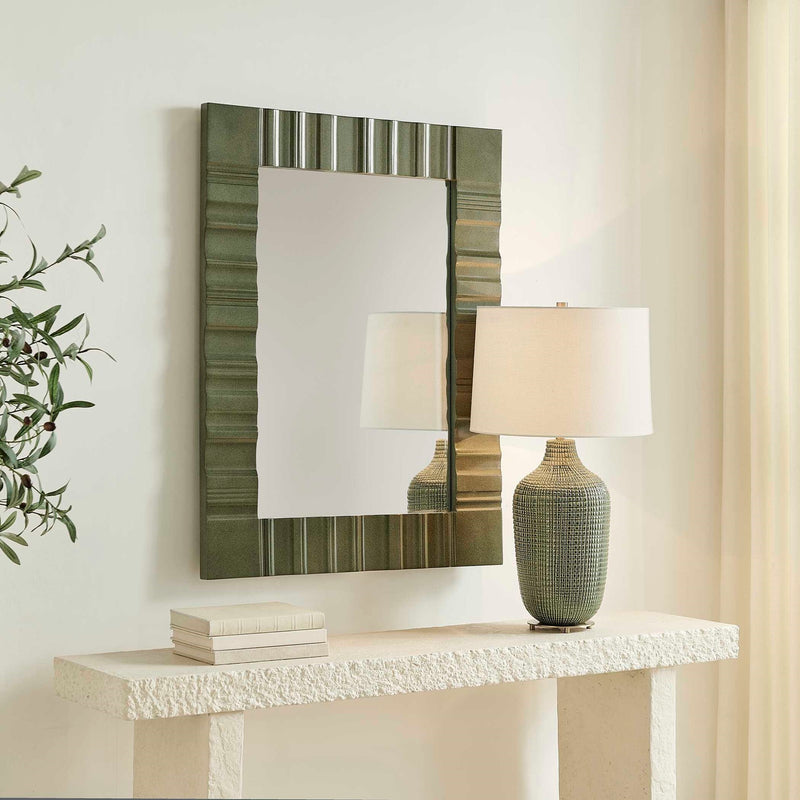 Uttermost Quincey 30x40in Olive Green Wood Mirror | Architectural Carved MDF Frame | Entryway & Living Room Wall Mirror | Model 8405