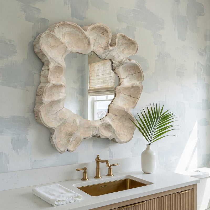 Uttermost Ariadne 28in Round Tamarind Wood Mirror | Bleached Wood Frame with Live Edge | Entryway & Bathroom Wall Mirror | Model 8409
