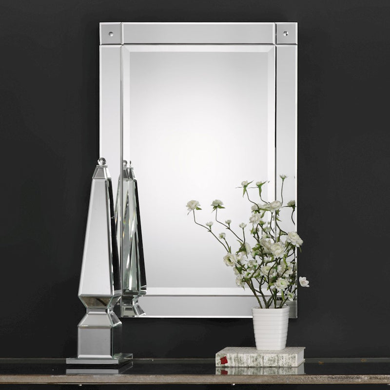 Haus Appeal Jenifer 36x24in Mirror | Frameless Beveled with Metal Corner Details | Entryway & Living Room Wall Mirror | 1in Bevel, 24x36in | Model W00401
