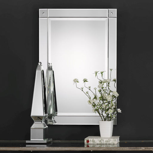 Haus Appeal Jenifer 36x24in Mirror | Frameless Beveled with Metal Corner Details | Entryway & Living Room Wall Mirror | 1in Bevel, 24x36in | Model W00401