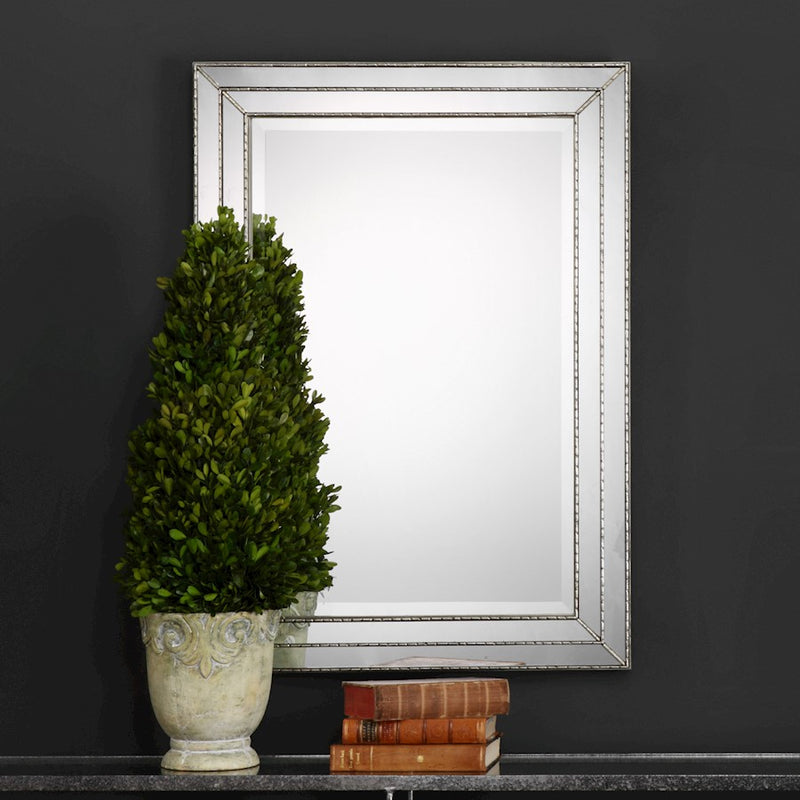 Haus Appeal Excellus 34x24in Mirror | Metallic Silver MDF with Mirror Inlays | Entryway & Bedroom Accent & Bedroom Mirror | 34 x 24 x 0.8 | Model W00404