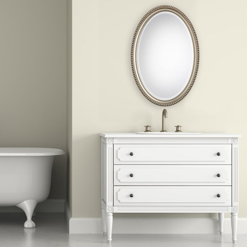 Haus Appeal Raven 32x22in Beaded Oval Wall Mirror | Metallic Silver with Subtle Brown Polystyrene Frame | Entryway & Bathroom Accent | Model W00405