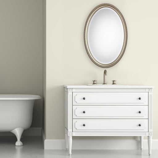Haus Appeal Raven 32x22in Beaded Oval Wall Mirror | Metallic Silver with Subtle Brown Polystyrene Frame | Entryway & Bathroom Accent | Model W00405