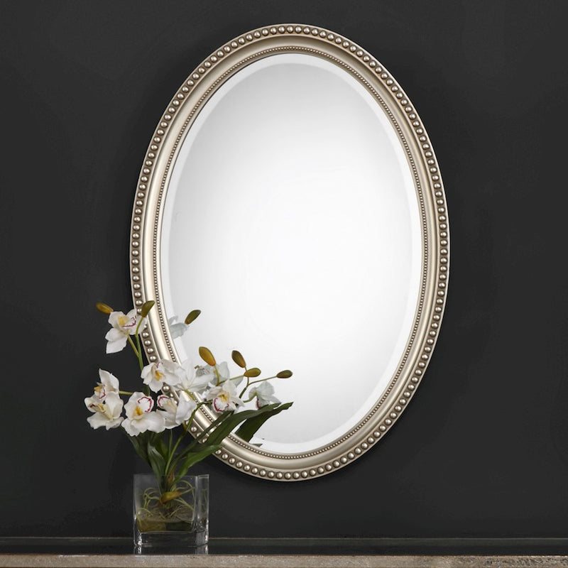 Haus Appeal Raven 32x22in Beaded Oval Wall Mirror | Metallic Silver with Subtle Brown Polystyrene Frame | Entryway & Bathroom Accent | Model W00405