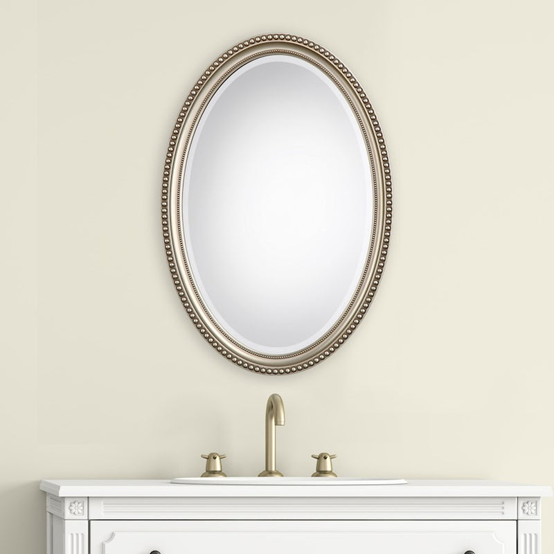 Haus Appeal Raven 32x22in Beaded Oval Wall Mirror | Metallic Silver with Subtle Brown Polystyrene Frame | Entryway & Bathroom Accent | Model W00405