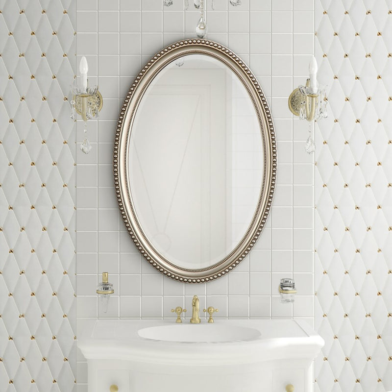 Haus Appeal Raven 32x22in Beaded Oval Wall Mirror | Metallic Silver with Subtle Brown Polystyrene Frame | Entryway & Bathroom Accent | Model W00405